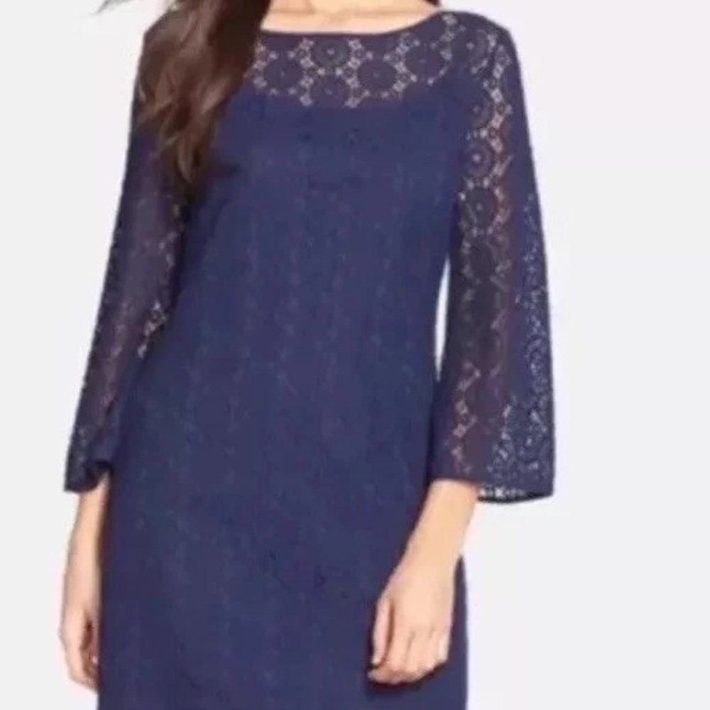 Lilly Pulitzer Topanga True Navy Blue Breakers Lace Dress Medium Bell Sleeves - Picture 4 of 13